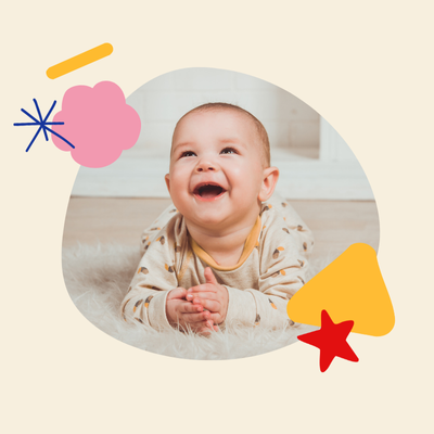 Baby smiling with colorful shapes around on a light beige background