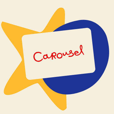 Carousel beige gift card on a background of a yellow star and blue oval