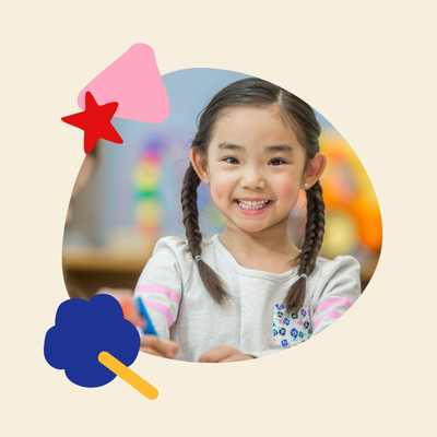 Young girl with braided hair smiling, colorful shapes around her