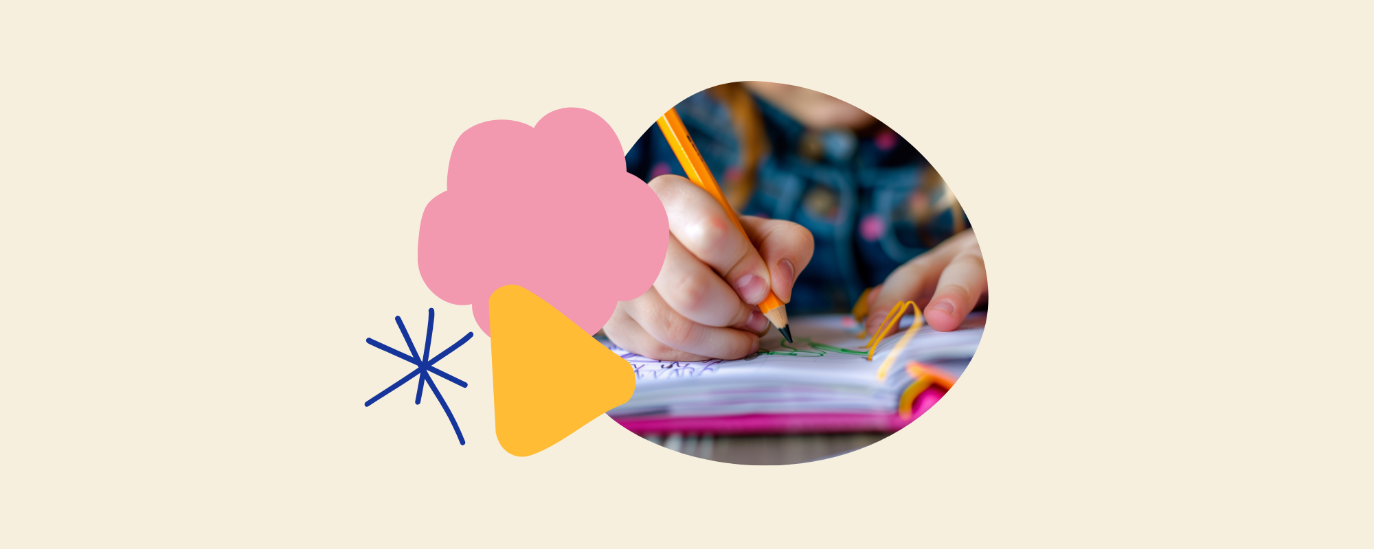 Close up of child writing in notebook with colorful branded shape graphics
