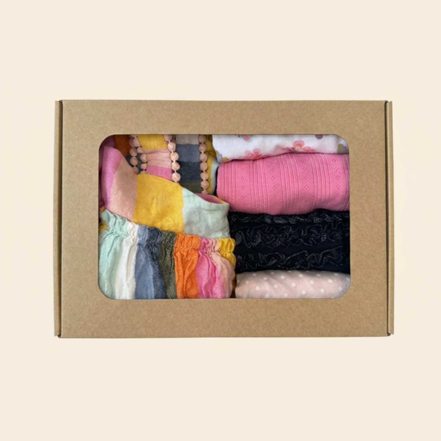 Beautifully styled box of colorful baby girl clothes on a beige background