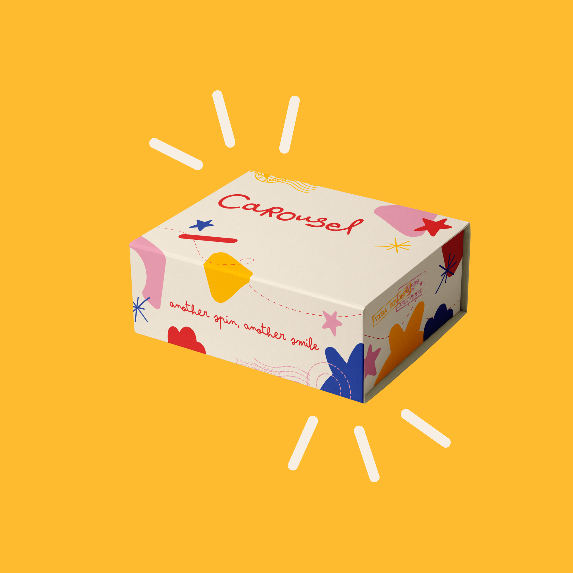 A white rectangular product box with colorful abstract illustrations and the word 'Carousel' printed on top, shown on a solid yellow background with small white light rays around it.